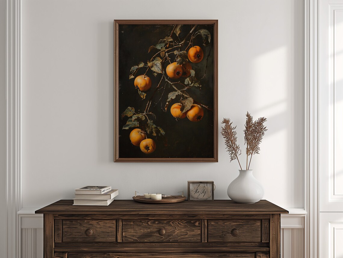 Persimmons Art Print Kitchen Wall Art Moody Vintage Still Life Painting Fruit Art - Image 2
