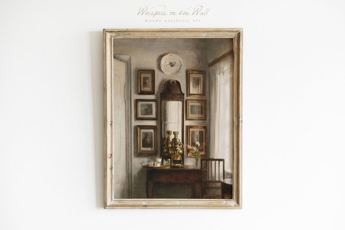 Vintage Light Academia Interior With Framed Art Mirror Lamp Poster