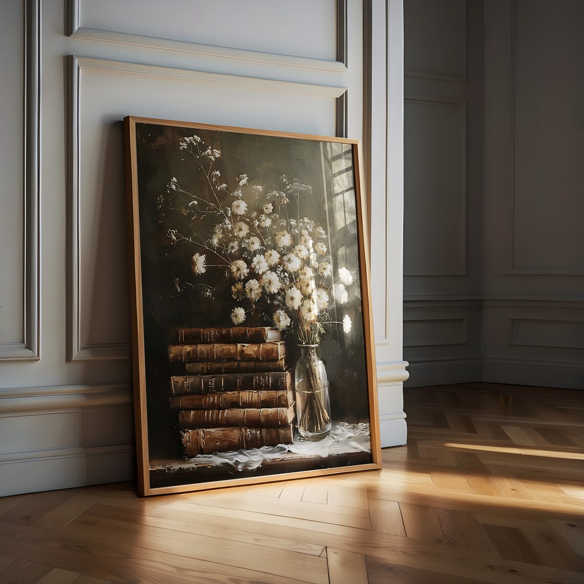 Antique Books and Wildflowers Moody Still Life Painting Poster - Image 3