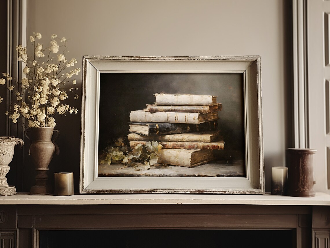Moody Book Stack Art Print Dark Academia Decor Book Still Life Wall Art Dark Bookish Wall Art - Image 3
