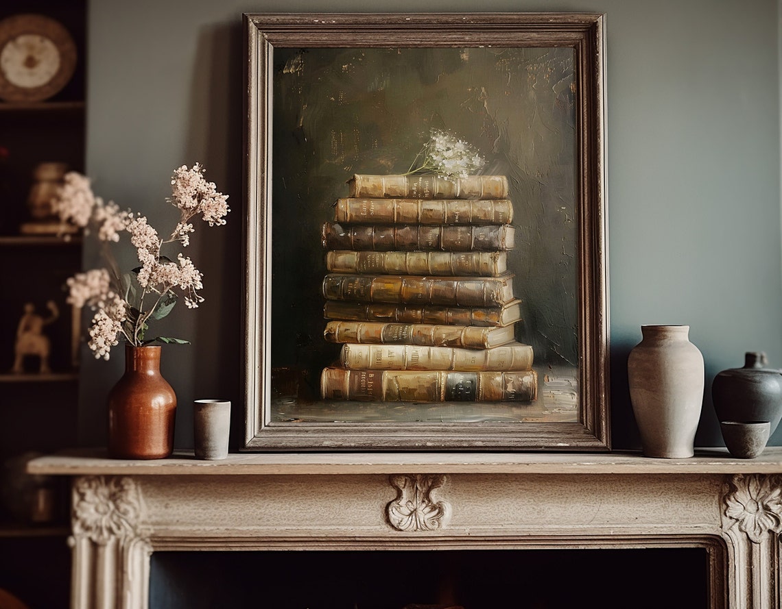 Stack of Antique Books Moody Vertical Still Life Painting Poster - Image 2