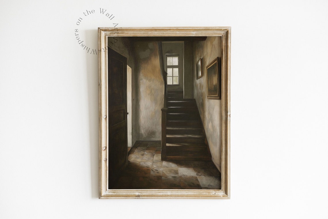 Old Wooden Staircase Interior with Open Door Dark Vintage Poster - Image 6