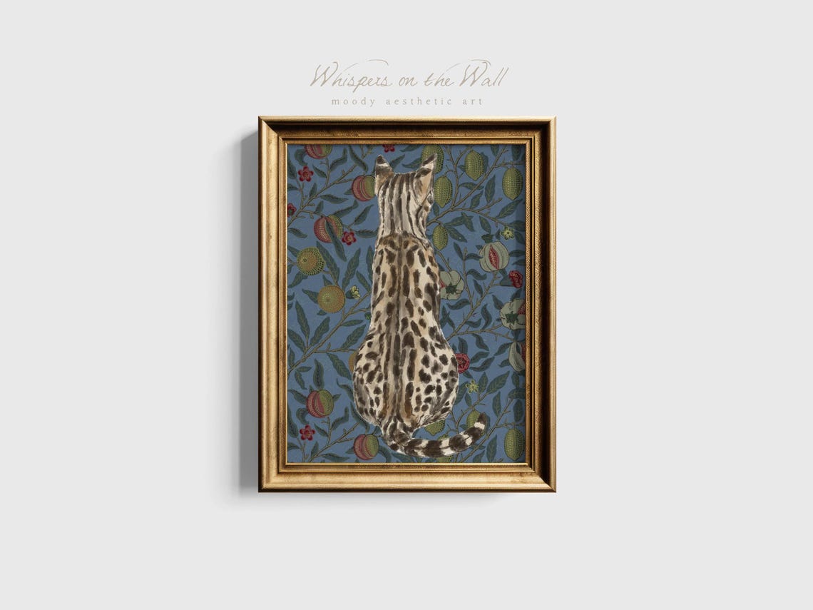 Spotted Cat From Behind On Vintage Fruit Patterned Wallpaper Poster - Image 2