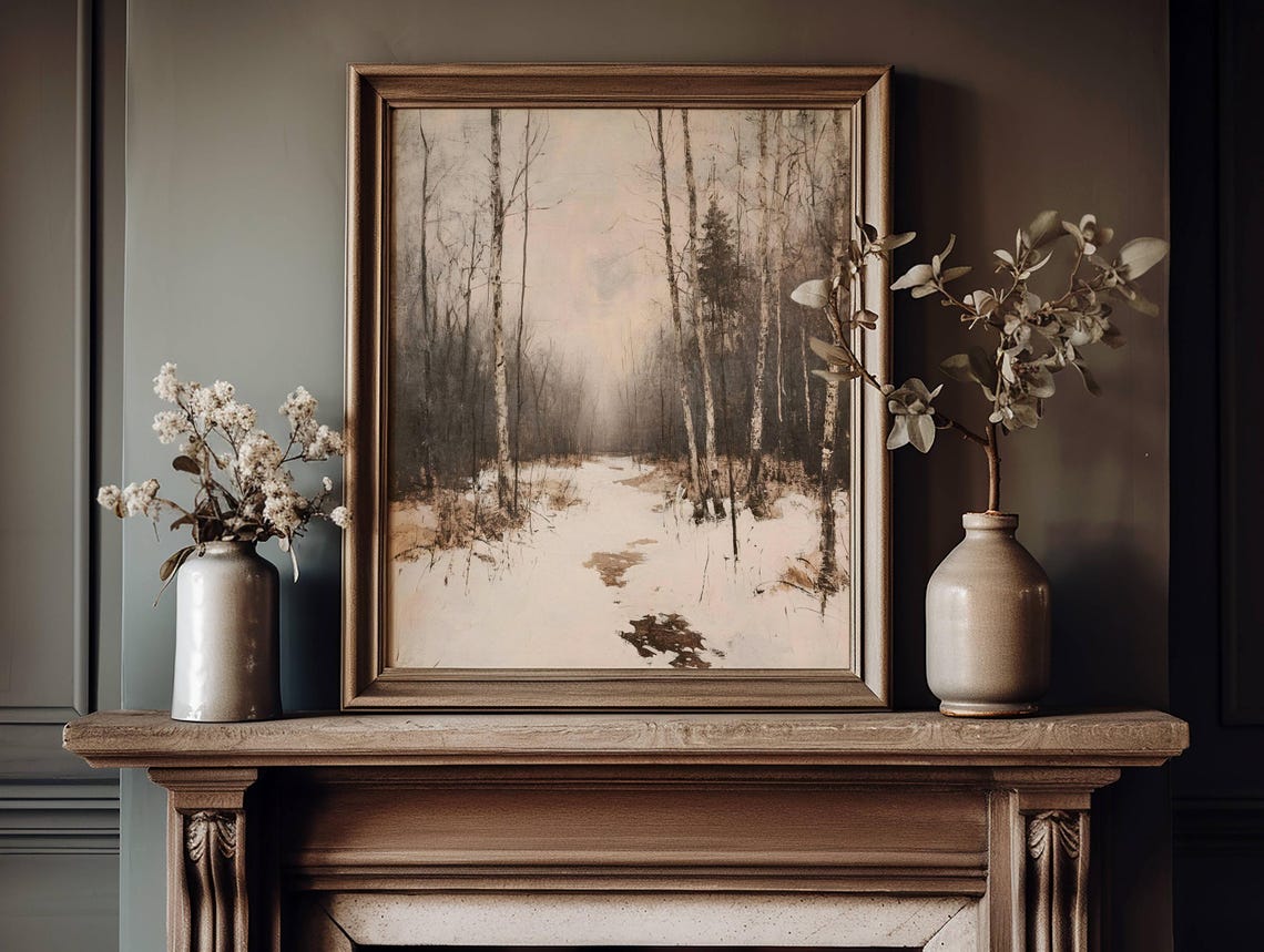 Misty Bare Birch Forest Winter Path Snow Vintage Style Poster - Image 6