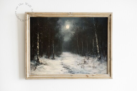 Dark Winter Night Art Print Vintage Wall Art Moody Christmas Decor Snowy Landscape Art Forest Painting