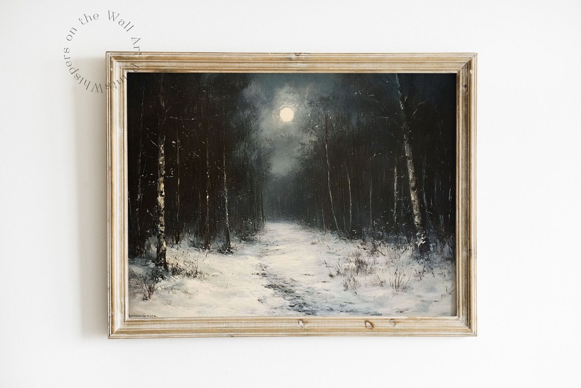 Moonlit Winter Forest Night Path Dark Moody Landscape Oil Poster