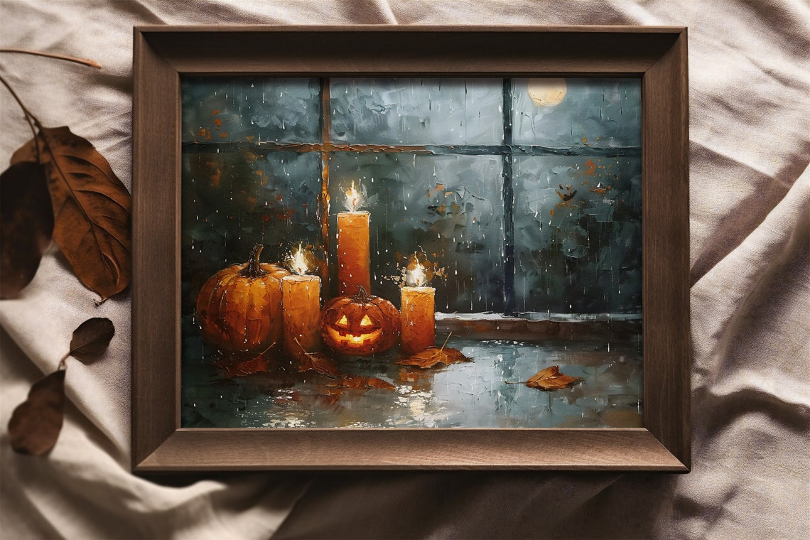 Pumpkins and Jack o Lantern by Moonlit Window Halloween Poster - Image 3