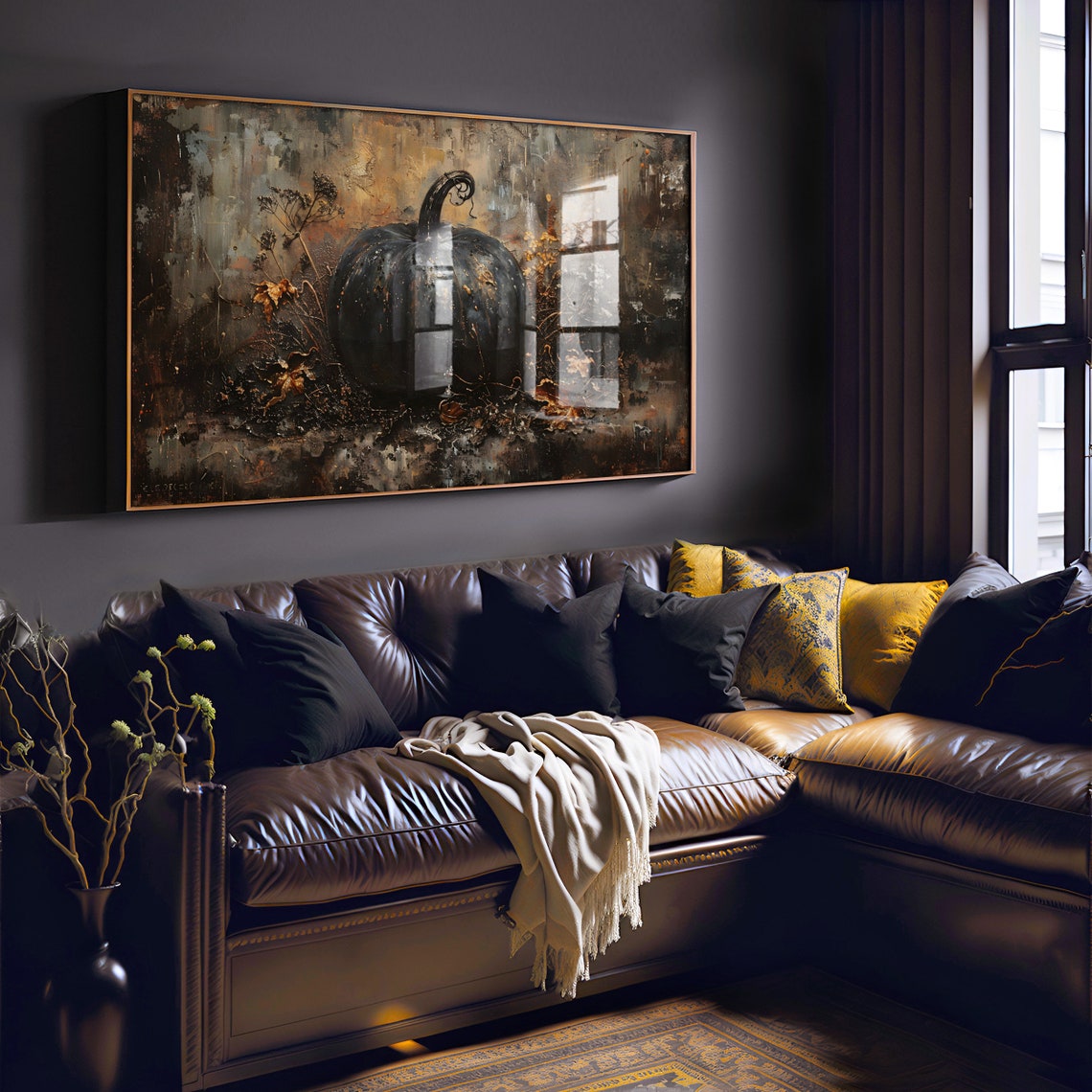 Single Black Pumpkin with Fall Foliage Dark Still Life Poster - Image 2