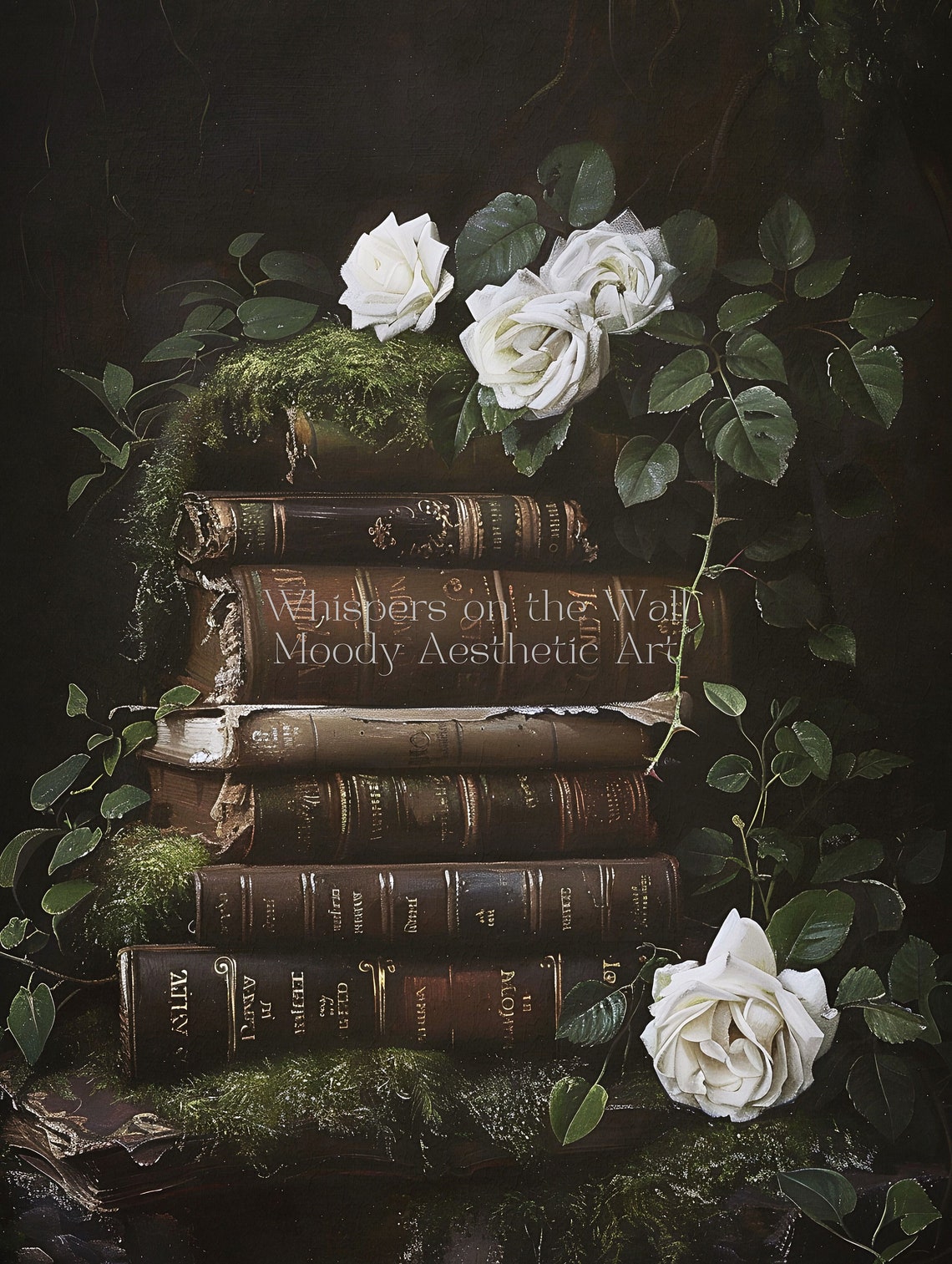 Moss Covered Vintage Book Stack With White Roses Dark Academia Poster - Image 5
