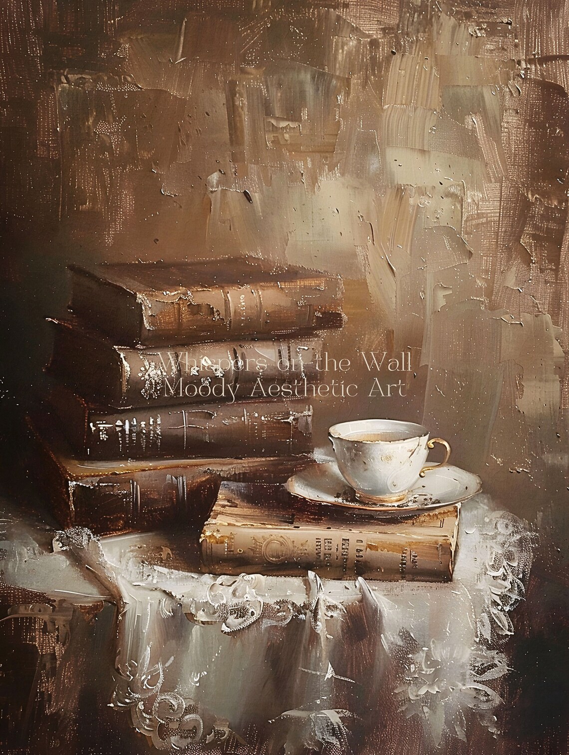 Old Books And Teacup On Lace Cloth Vintage Still Life Painting Poster - Image 5