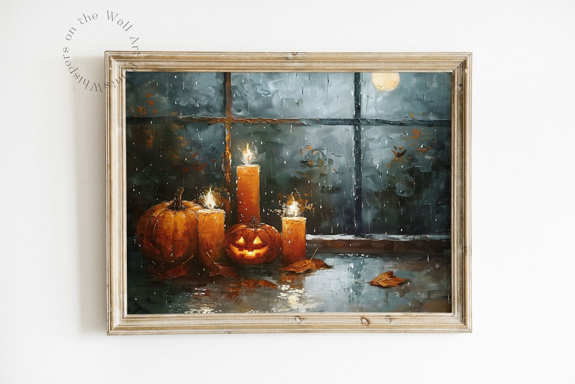 Pumpkins and Jack o Lantern by Moonlit Window Halloween Poster