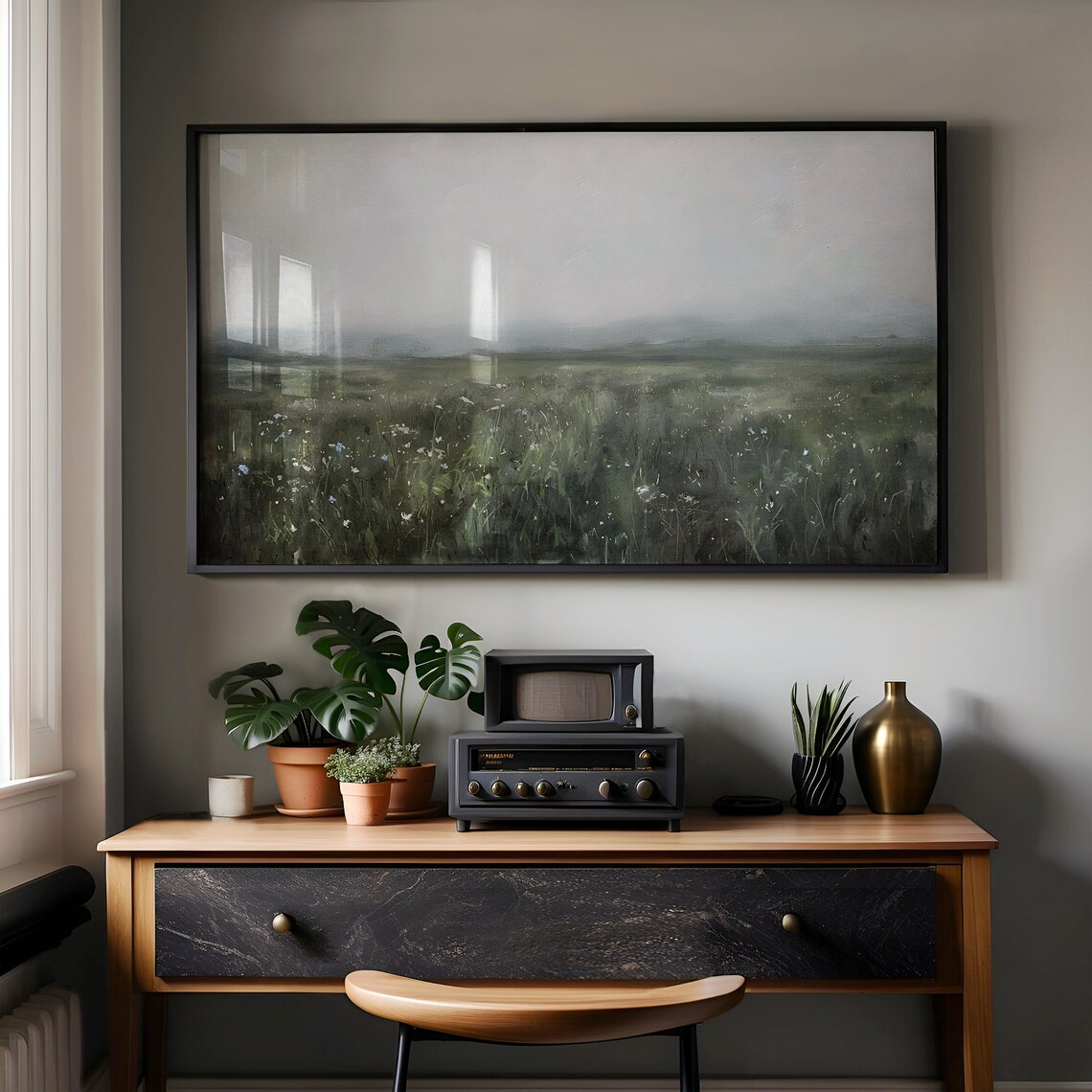Foggy Green Meadow With Wildflowers Moody Misty Landscape Painting Poster - Image 3
