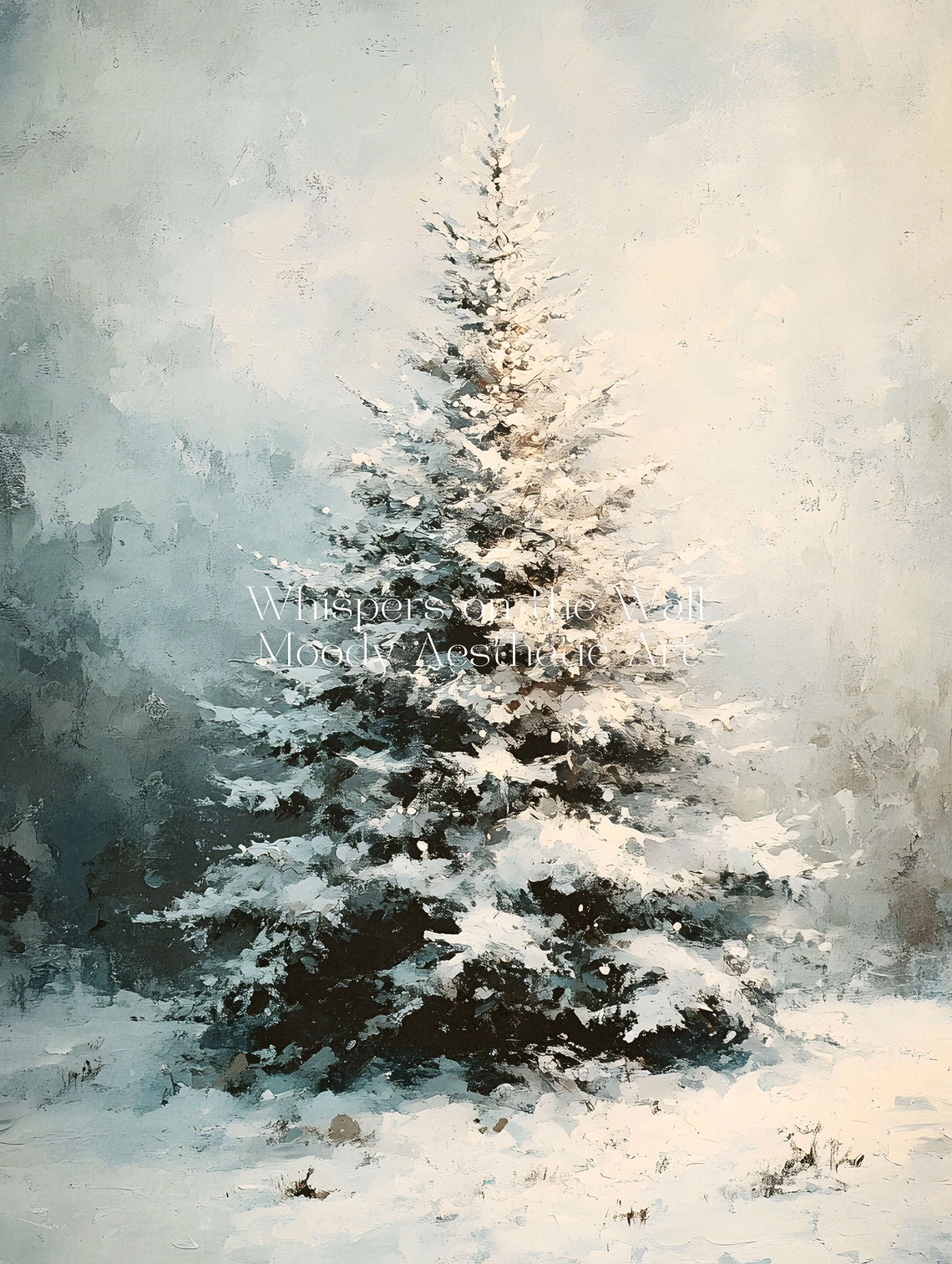 Snowy Pine Tree Winter Landscape Moody Christmas Painting Poster - Image 5