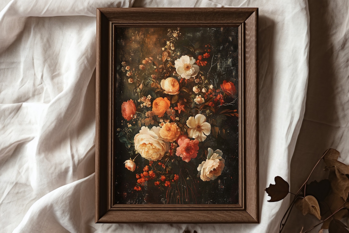Autumn Dark Floral Painting, Vintage Botanical Art Print