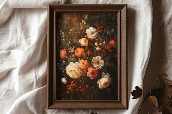 Autumn Dark Floral Painting, Vintage Botanical Art Print