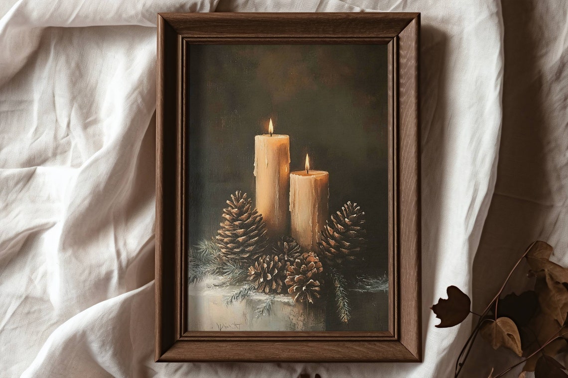 Christmas Candles with Pinecones Dark Moody Winter Still Life Poster - Image 6
