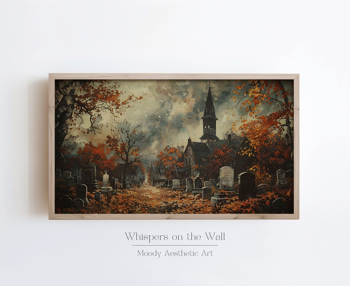 Old Cemetery Church Spire Autumn Spooky Halloween Landscape Poster - Image 2