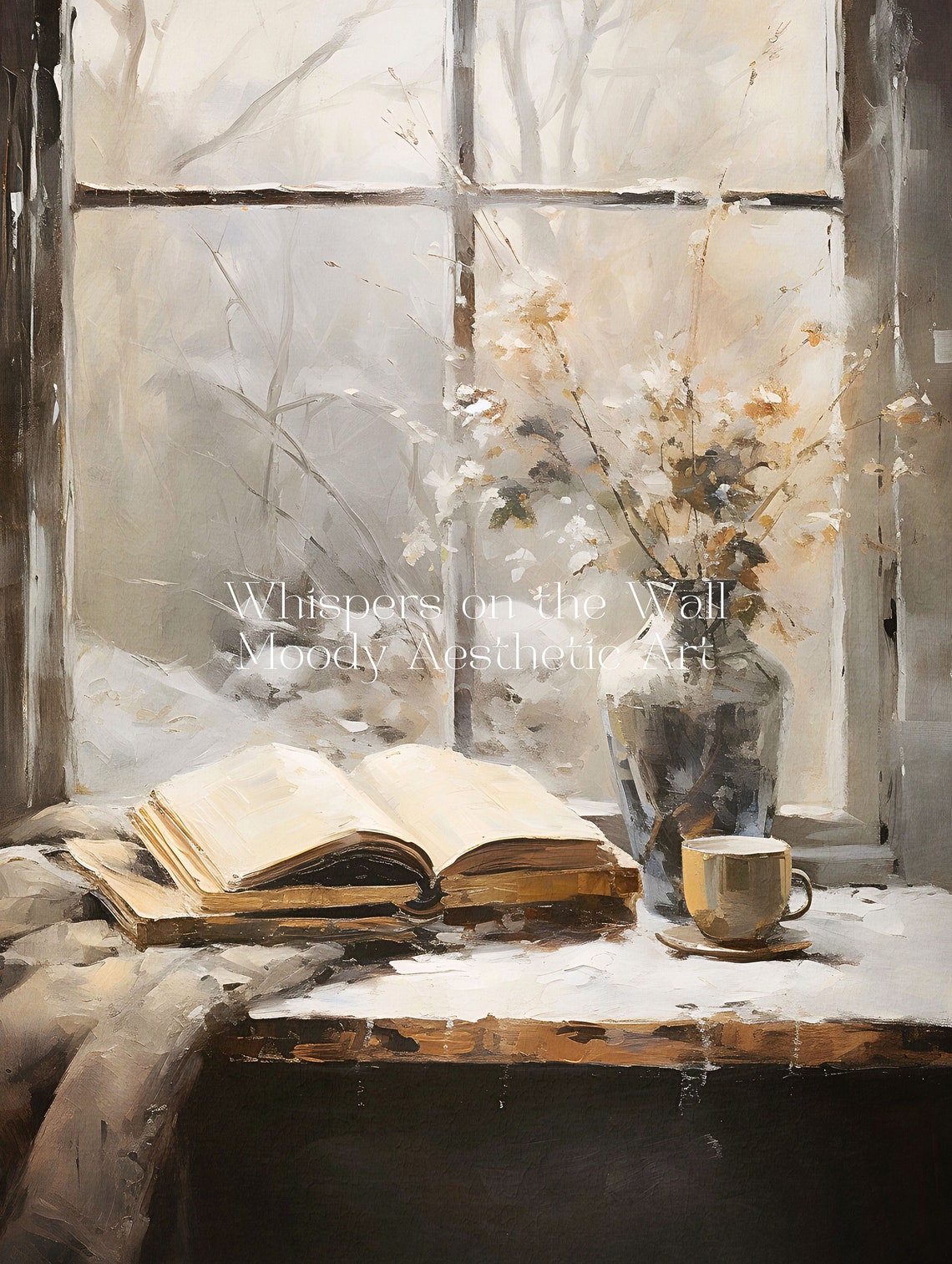 Muted Snowy Window View with Open Book and Tea Cup Cozy Art Poster - Image 5