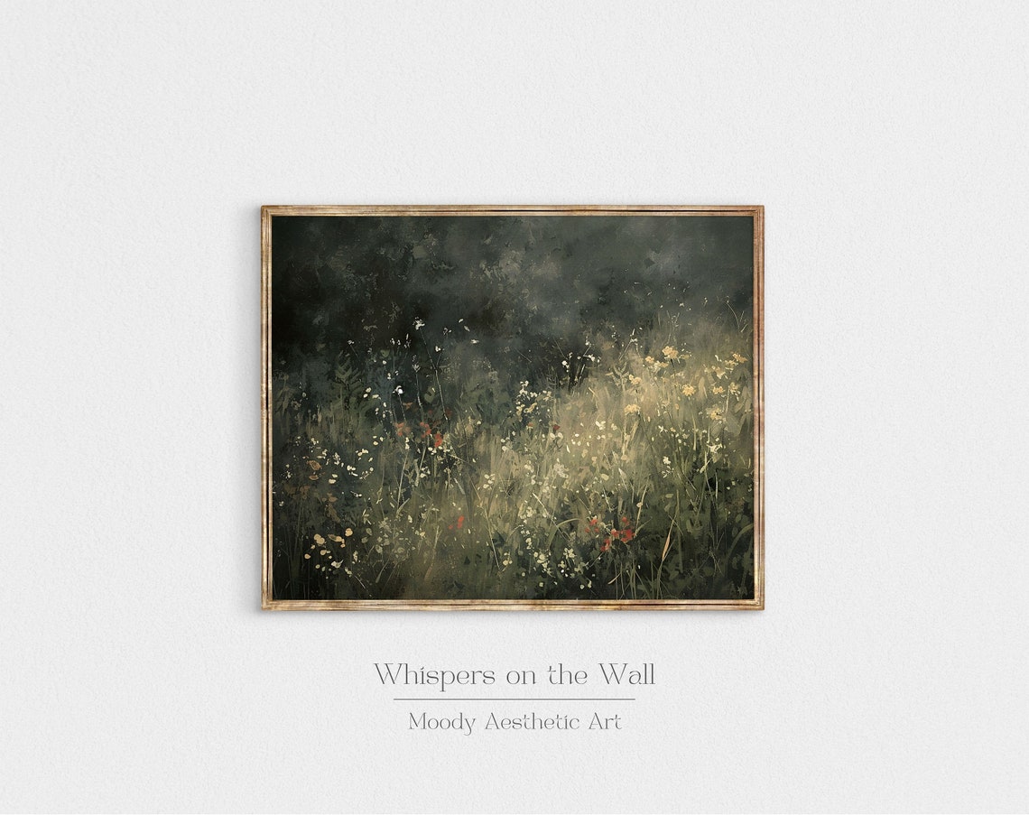 Dark Moody Wildflower Meadow with Poppies Oil Painting Poster - Image 2