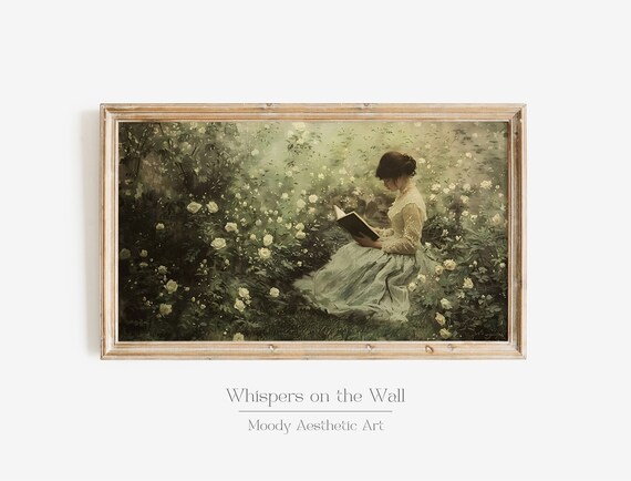 Victorian Woman Reading In Blooming White Rose Garden Vintage Style Poster