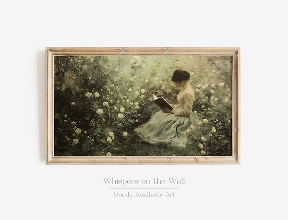 Woman Reading Frame Tv Art Moody Spring Frame Art Victorian Home Decor Book Lover Gift Light Academia Painting Floral Tv Art