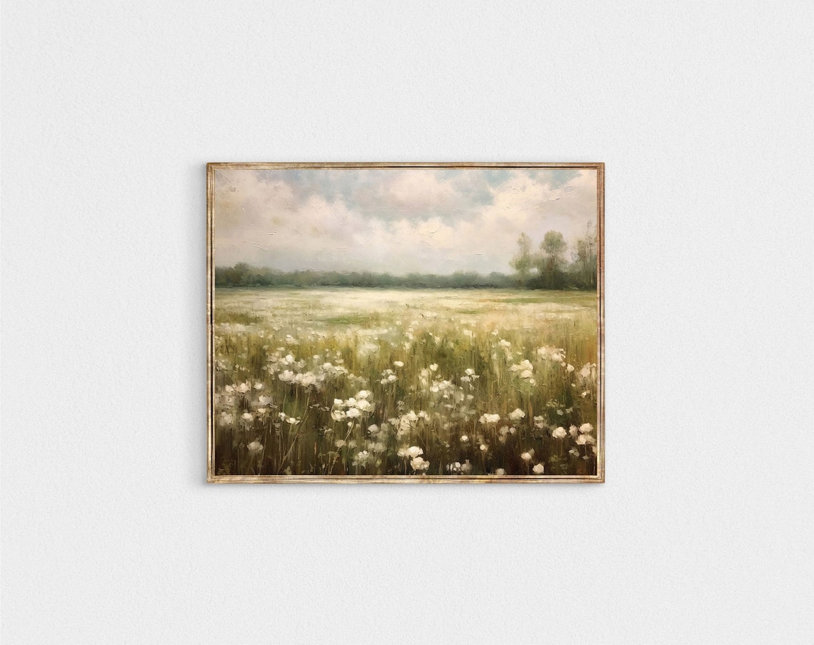 White Wildflower Meadow Soft Neutral Landscape Painting Poster - Image 2