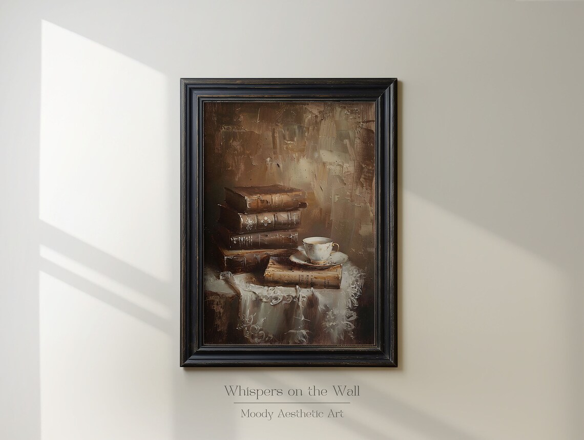 Old Books And Teacup On Lace Cloth Vintage Still Life Painting Poster - Image 2