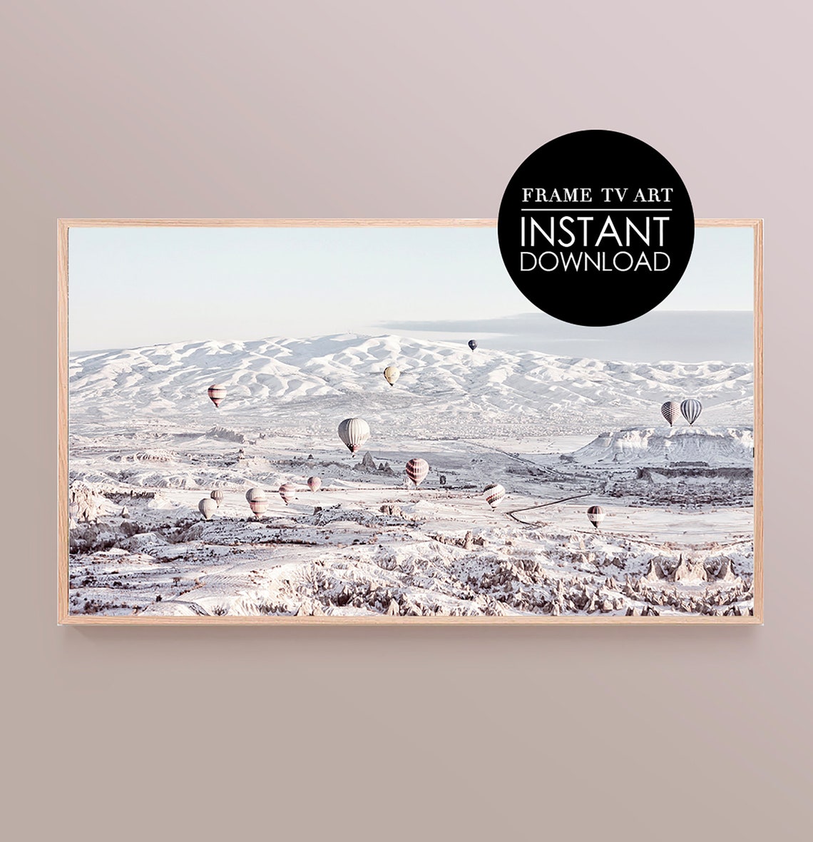 Dreamy Hot Air Balloons Over Snowy Winter Valley Landscape Poster