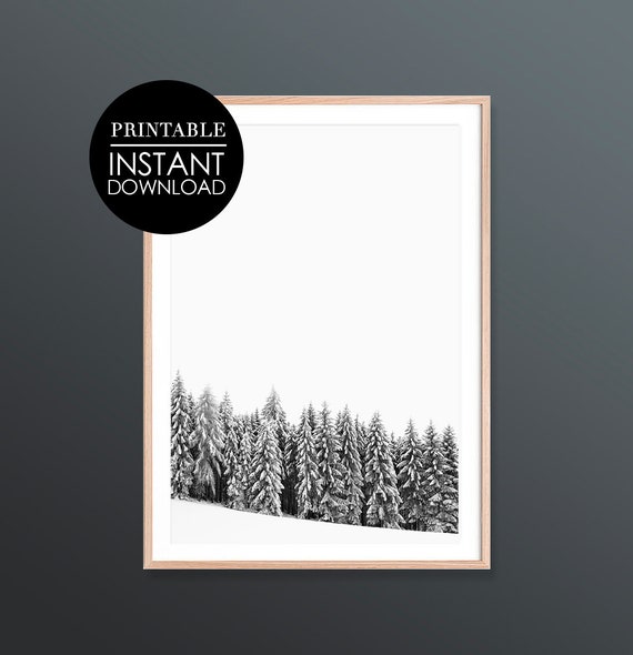Snowy Trees Print Snow Wall Art Decor Monochrome Black White Minimalistic