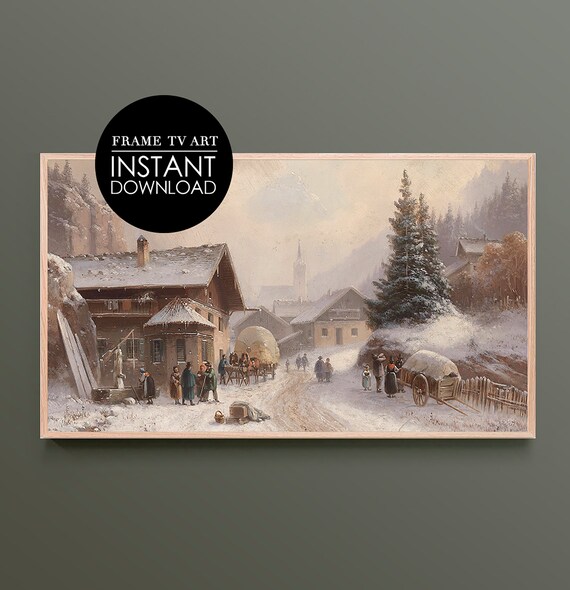 Antique Snowy Alpine Village Winter Scene Vintage Painting Poster