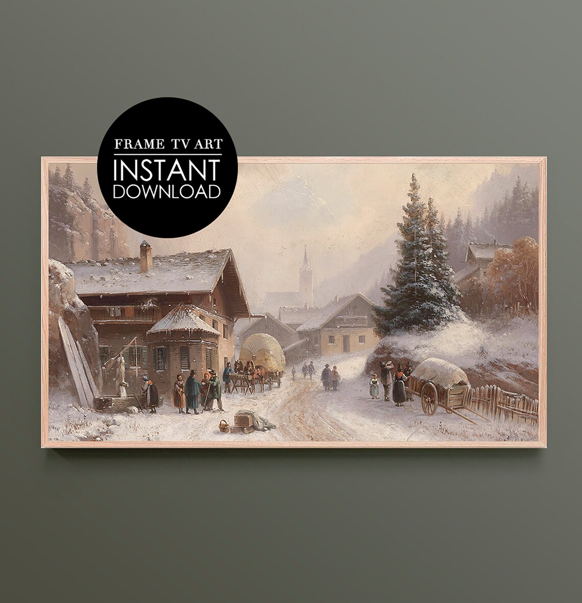 Antique Snowy Alpine Village Winter Scene Vintage Painting Poster