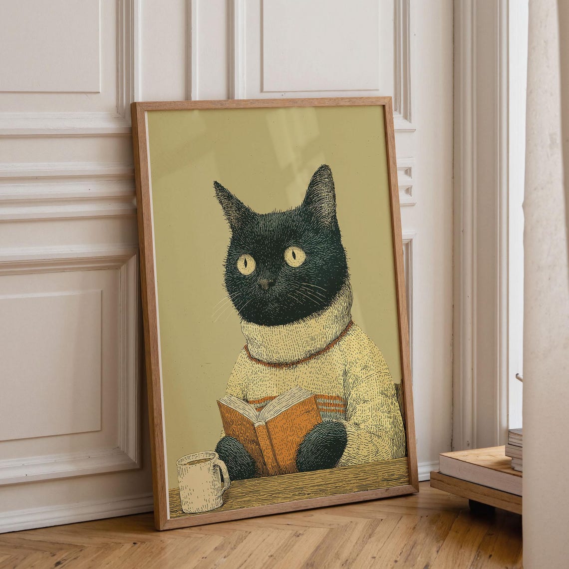 Black Cat Reading Poster Retro Animal Print