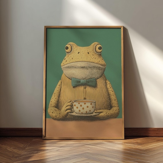 Dapper Frog in Bow Tie Sipping Tea Whimsical Vintage Animal Poster