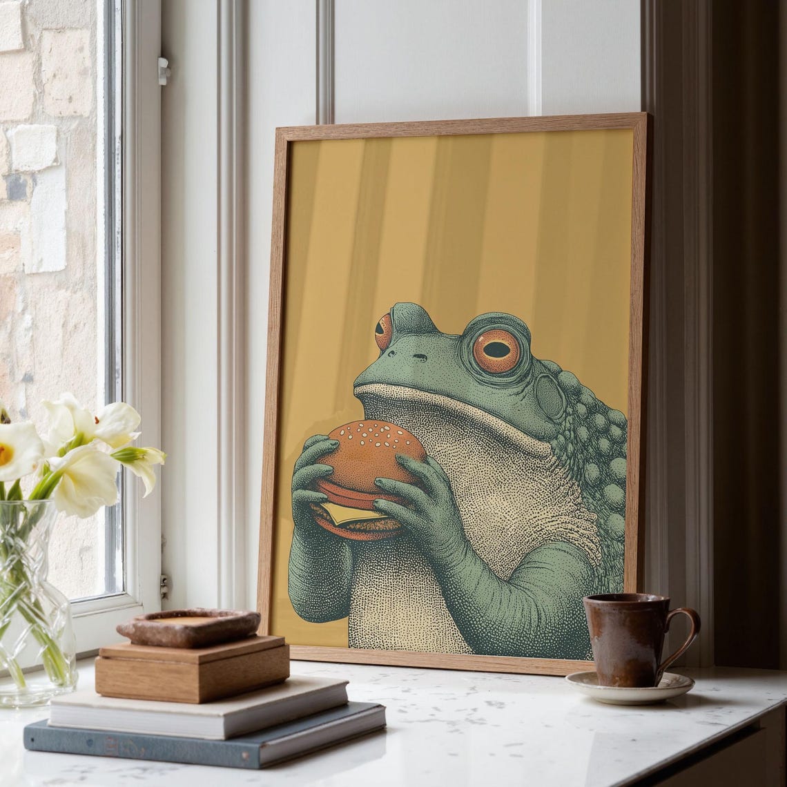 Hungry Toad Burger Snack Retro Whimsical Animal Illustration Poster