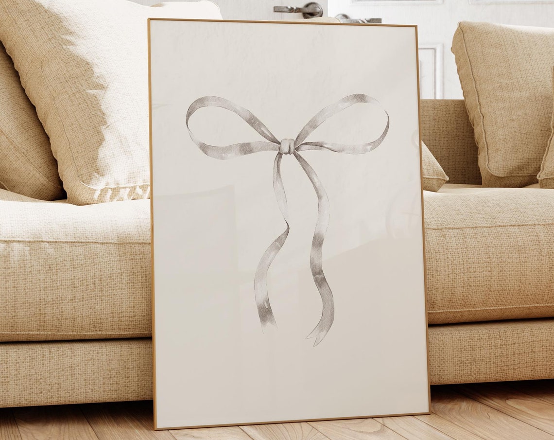 Grey Ribbon Watercolor Bow Coquette Balletcore Room Decor Poster