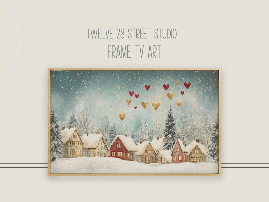 Snowy Village Red Gold Hearts Sky Romantic Valentine's Day Art Poster