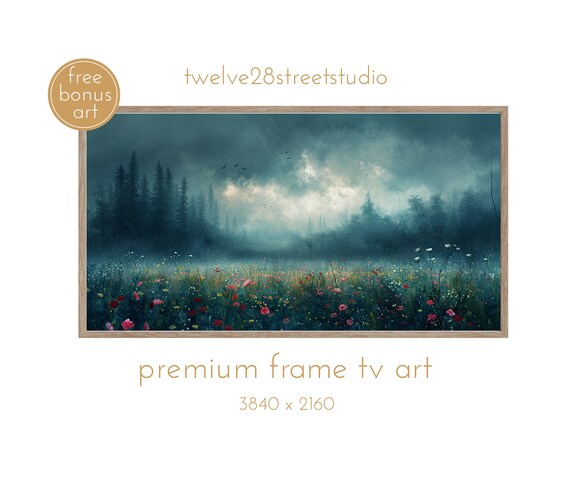 Moody Wildflower Meadow Dark Pine Forest Stormy Dusk Landscape Poster