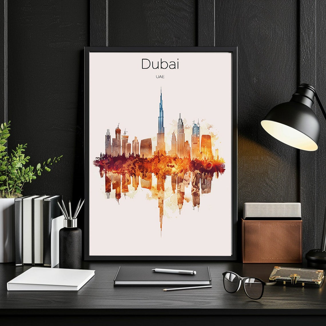 Dubai UAE Burj Khalifa Golden Watercolor Skyline Travel Poster