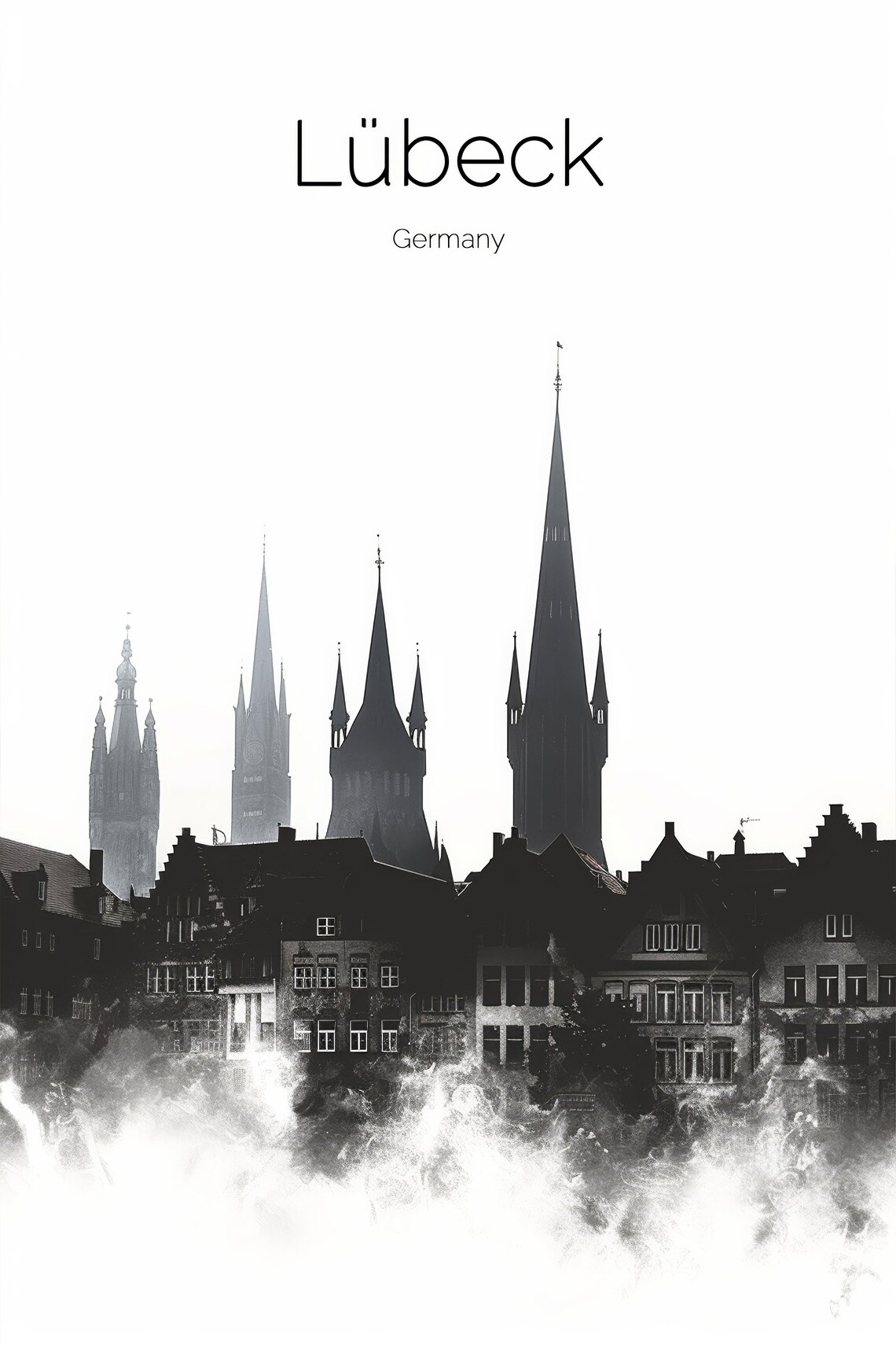 Lubeck Germany Church Spires Monochrome Watercolor Travel Poster - Image 2