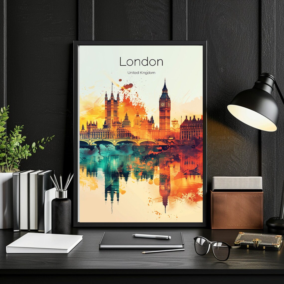 London United Kingdom Big Ben Sunset Watercolor Thames Travel Poster