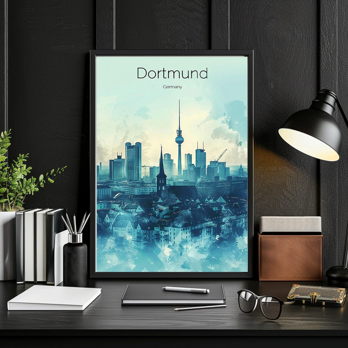 Dortmund Germany TV Tower Blue Watercolor City Skyline Travel Poster