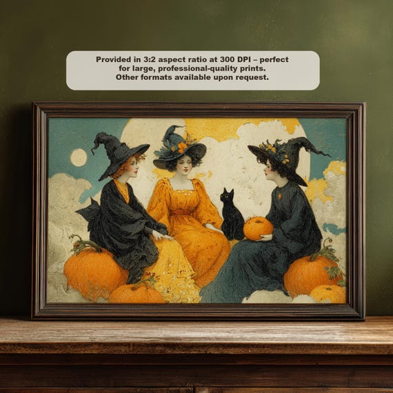 Vintage Halloween Witches Art Print Retro Black Cat Pumpkins