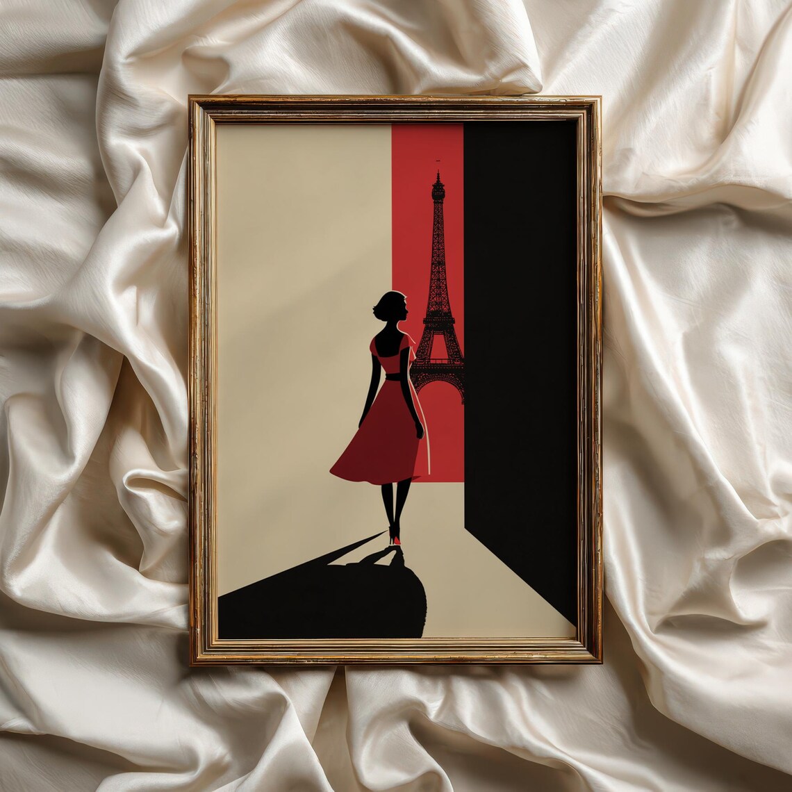 Paris Eiffel Tower Woman Red Dress French Art Deco Travel Poster