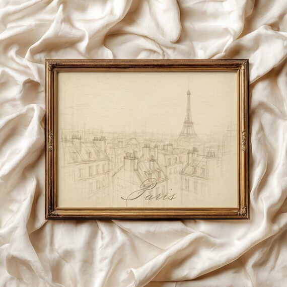 Eiffel Tower Paris Rooftops Pencil Sketch Vintage French Art Print