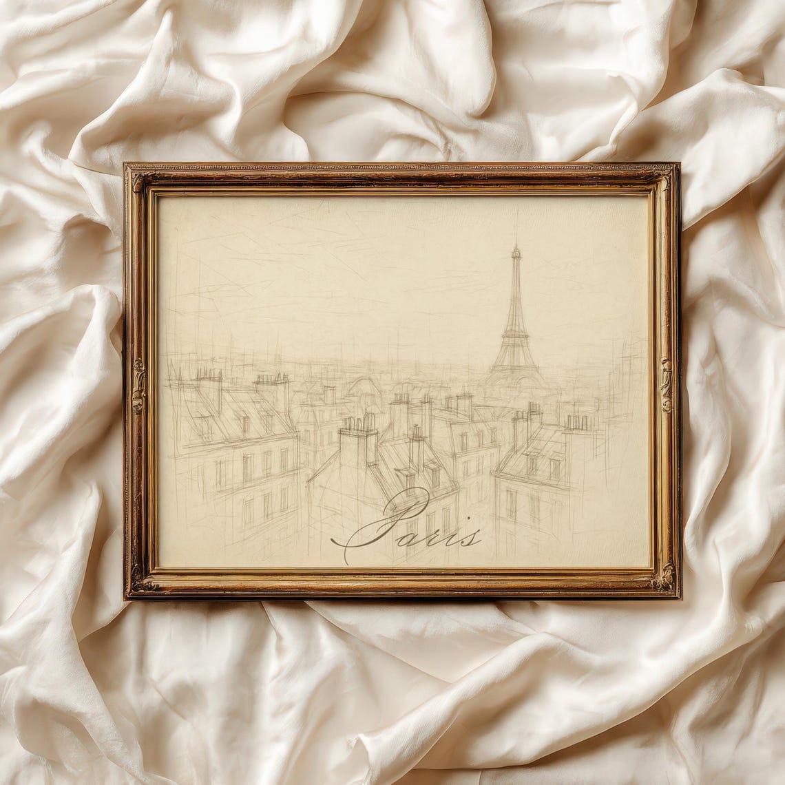 Eiffel Tower Paris Rooftops Pencil Sketch Vintage French Art Print