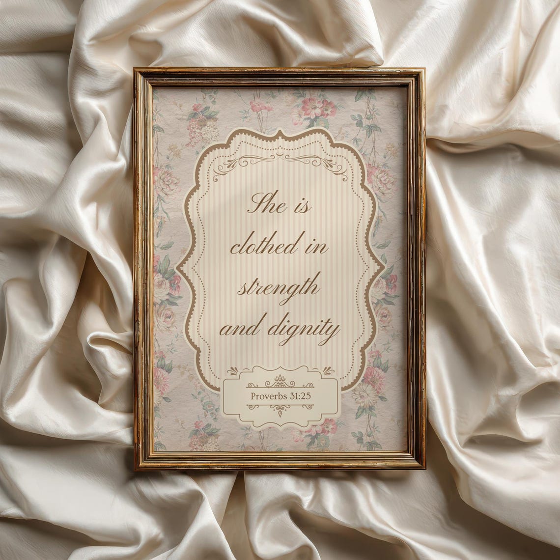 She Is Clothed in Strength Proverbs 31 25 Vintage Scripture Poster