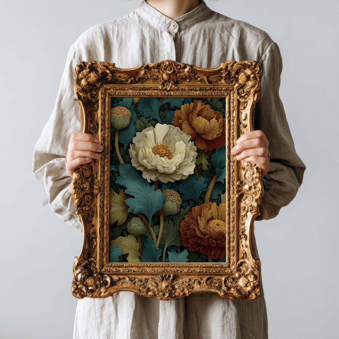 William Morris Style Peony Poster White Blossom Teal Botanical Art