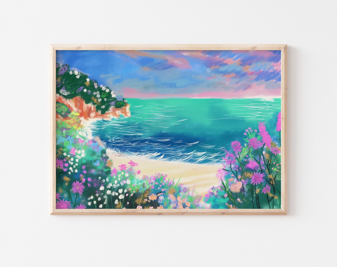 Coastal Cove Seascape Wildflowers Turquoise Sea Sunset Poster