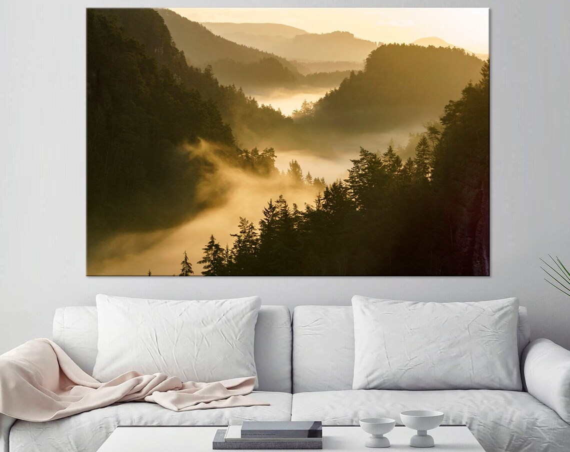 Misty Golden Mountain Valley Sunrise Foggy Forest Landscape Poster