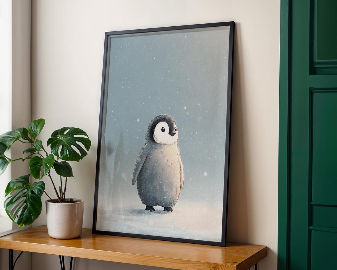 Baby Penguin Cute Illustration Snowfall Nursery Animal Wall Art Decor